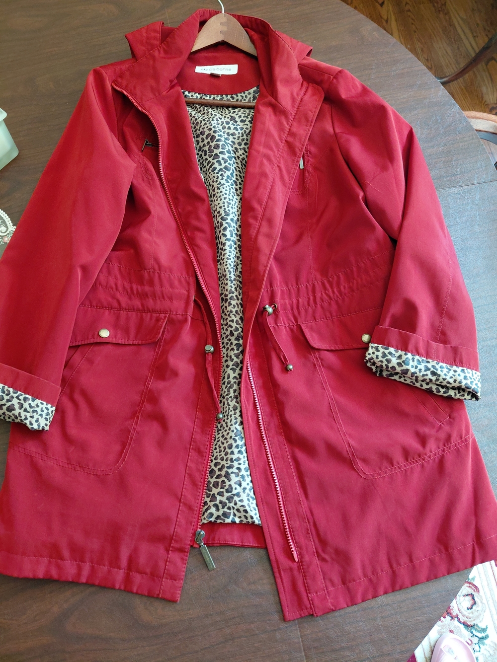 Red Women's Parka Jacket with Leopard Lining